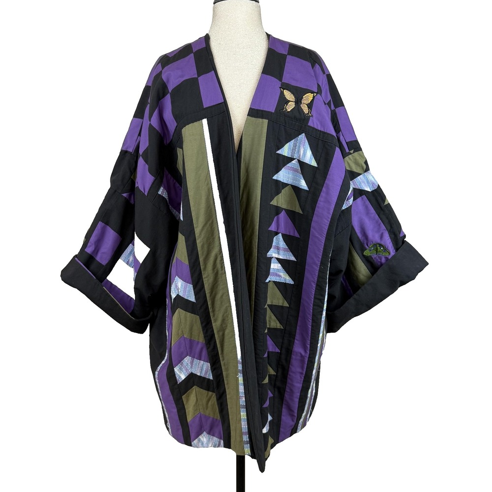 Patchwork Kimono Jacket Womens L Purple Black‎ Quilted Butterfly Art To Wear